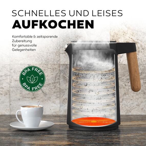BALTER Edelstahl Wasserkocher mit Temperatureinstellung, 45°C-100°C, Doppelwand, BPA frei, leise & kabellos, Warmhaltefunktion, Teekocher mit Temperaturanzeige, 1.5L, 2200W, Schwarz