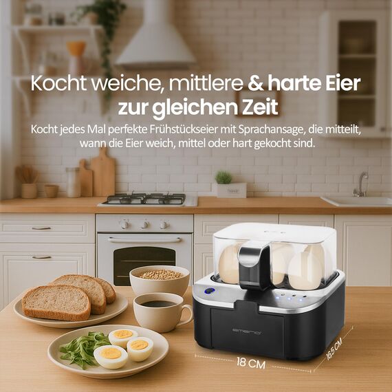EMERIO sprechender Eierkocher SIEGER Preis/Leistung NEUHEIT kocht alle drei Garstufen [weich|mittel|hart] in EINEM Kochvorgang mit perfektem Ergebnis Sprachausgabe in DE BPA frei, EB-123177.1