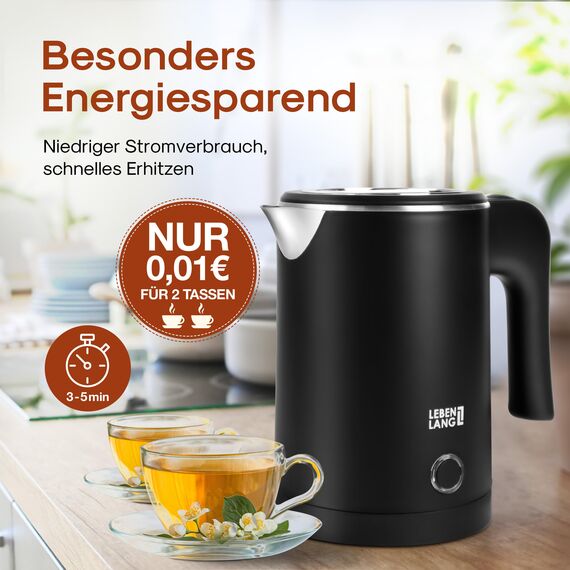 LEBENLANG Reise Wasserkocher Edelstahl Klein 0 5 Liter & BPA-Frei - Reisewasserkocher klein 600W Energiesparend Energieeffizienz - Kleiner Mini Wasserkocher Camping Kettle Schwarz 0,5 l 0.5 für Reisen
