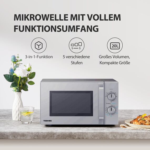 Toshiba MW2-MG20PF(SL) Mikrowellenherd mit knuspriger Grill- & Kombigarfunktion, 5 Leistungsstufen, 1000 W Grillleistung, Silber