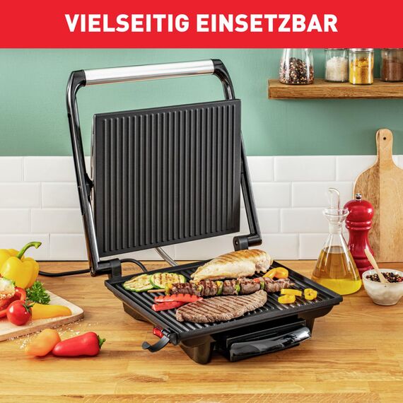 Tefal Kontaktgrill Inicio GC241D, Elektrogrill/Sandwichtoaster, Fettarmes Grillen, Panini, Toasts, Steak, Gemüse, Antihaftbeschichtete Grillplatten, 2000W, 36.3x10.8x33.2cm, Edelstahl/Schwarz