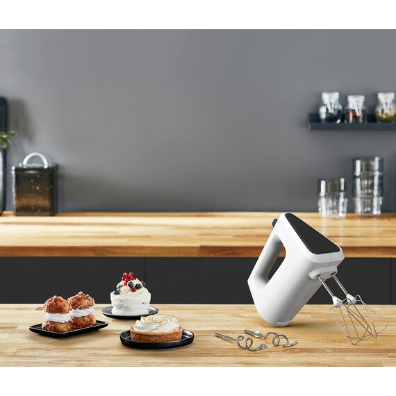 Krups 3 Mix 4000 Handmixer, 450 Watt, robustes Design, variabler Geschwindigkeitsregler, Turbo- und Auswurf-Funktion, inkl. 2 Rührbesen und 2 Knethaken, weiß/grau, GN4001