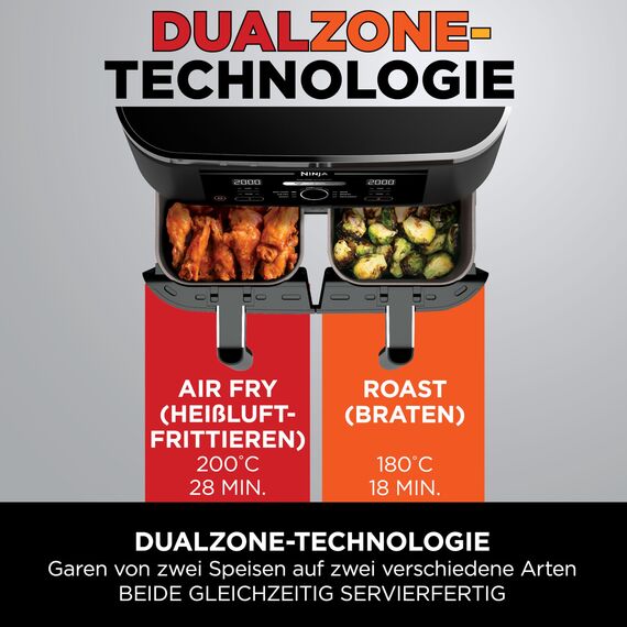 Ninja Foodi Dual Zone Digitale Heißluftfritteuse, 7,6L Airfryer, 2 Fächer, Antihaftbeschichtung, spülmaschinenfeste Körbe, 6-in-1, 4-6 Portionen, Schwarz AF300EU