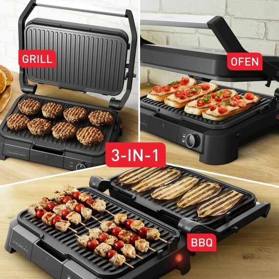 Tefal Kontaktgrill SuperGrill 3in1 – 2200 W, XL-BBQ-Funktion, 800 cm² Grillfläche, 3-fach Ofenposition, Thermostat, antihaftbeschichtet, Schwarz/Silber, GC520DE0