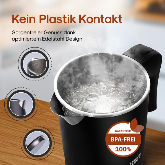LEBENLANG Reise Wasserkocher Edelstahl Klein 0 5 Liter & BPA-Frei - Reisewasserkocher klein 600W Energiesparend Energieeffizienz - Kleiner Mini Wasserkocher Camping Kettle Schwarz 0,5 l 0.5 für Reisen