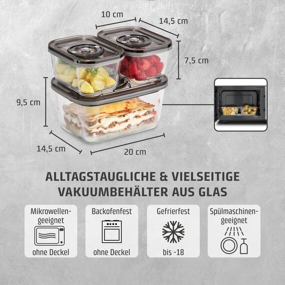 CASO Vacu OneTouch Eco-Set, Handvakuumierer inkl. 3 Vakuumbehälter aus Glas, 10 ZIP-Beutel und Food Manager Sticker, kabellos, bis zu 150 Minuten Laufzeit, aufladbar, Schwarz