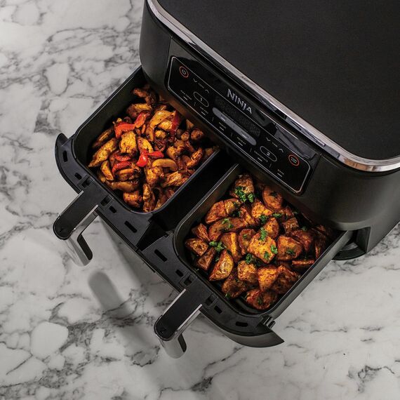Ninja Foodi Dual Zone Digitale Heißluftfritteuse, 7,6L Airfryer, 2 Fächer, Antihaftbeschichtung, spülmaschinenfeste Körbe, 6-in-1, 4-6 Portionen, Schwarz AF300EU