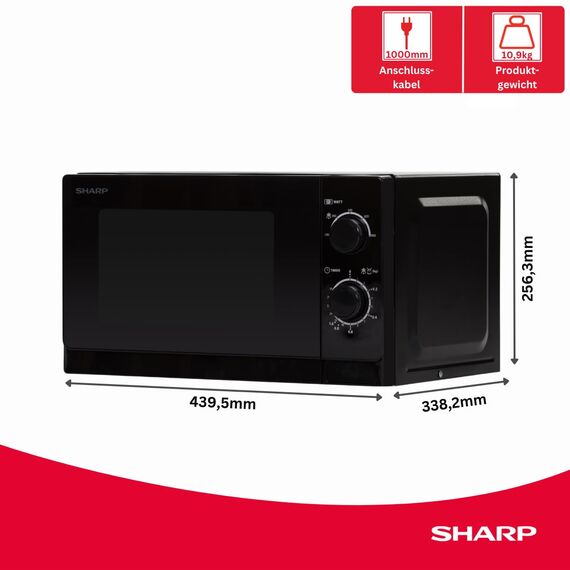 SHARP R200BKW Solo-Mikrowelle, 800 W, 5 Leistungsstufen, Timer von 35 Minuten bis 00 Sekunden, gewichtgesteuertes Auftauen, Energiesparmodus, Schwarz, 20 l, Glasdrehteller 25,5 cm
