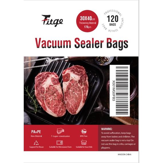 Fitge Vakuumierbeutel 170µm 30x40cm 120 Beutel für alle Vakuumiergeräte Vakuumbeutel für Lebensmittel BPA-frei stark & reißfest Profi Vakuumierfolie Sous Vide Gefrierbeutel