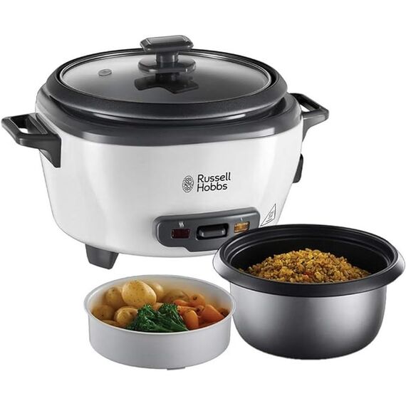 Russell Hobbs Reiskocher klein [medium] 0,8l (inkl. Dampfgarer-Einsatz, Warmhaltefunktion, antihaftbeschichteter Gartopf, Reislöffel & Messbecher) Schongarer für Gemüse & Fisch 27030-56