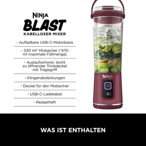 Ninja Blast Tragbarer Mixer / Blender / Smoothie Maker, 530ml Becher, Auslaufsicherer Deckel, Leistungsstarker Mini Standmixer, Kabellos & Wiederaufladbar, Zerkleinert Eis & Obst, Cranberry, BC151EUCR