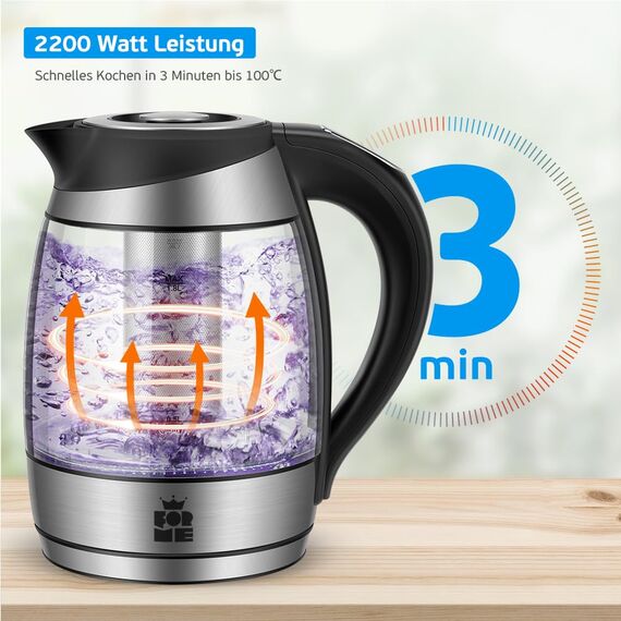 FOR ME Glas Elektrischer Wasserkocher mit Teesieb 1,8L, Temperatureinstellung, Temperaturwahl 40°C bis 100°C, 7 Farben LED-Beleuchtung, Warmhaltefunktion, BPA Frei