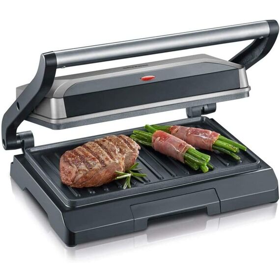 SEVERIN Kontaktgrill für Sandwiches, Steak und als Panini Grill, antihaftbeschichteter Sandwich Maker für fettfreies Grillen, 800 W, metallic grau/schwarz, KG 2394