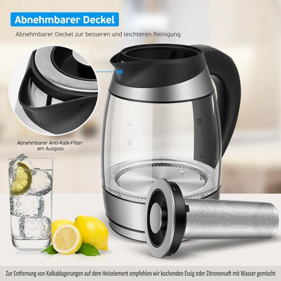 FOR ME Glas Elektrischer Wasserkocher mit Teesieb 1,8L, Temperatureinstellung, Temperaturwahl 40°C bis 100°C, 7 Farben LED-Beleuchtung, Warmhaltefunktion, BPA Frei
