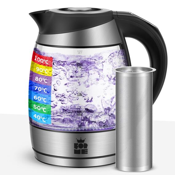 FOR ME Glas Elektrischer Wasserkocher mit Teesieb 1,8L, Temperatureinstellung, Temperaturwahl 40°C bis 100°C, 7 Farben LED-Beleuchtung, Warmhaltefunktion, BPA Frei