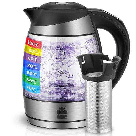 FOR ME Glas Elektrischer Wasserkocher mit Teesieb 1,8L, Temperatureinstellung, Temperaturwahl 40°C bis 100°C, 7 Farben LED-Beleuchtung, Warmhaltefunktion, BPA Frei