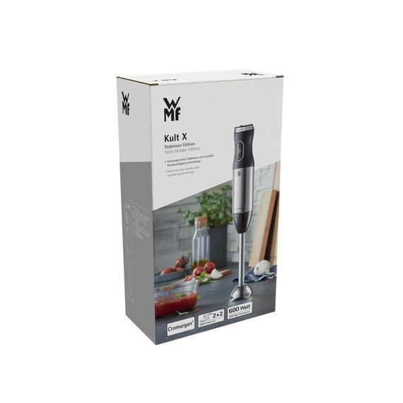 WMF Kult X Edition Stabmixer – leistungsstarker Pürierstab aus Cromargan Edelstahl, stufenlos einstellbare Geschwindigkeit, ergonomischer Soft-Touch-Griff, spülmaschinenfeste Teile für müheloses Mixen