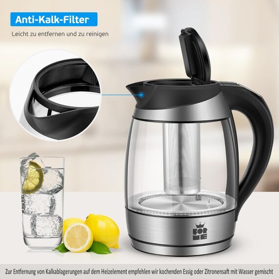 FOR ME Glas Elektrischer Wasserkocher mit Teesieb 1,8L, Temperatureinstellung, Temperaturwahl 40°C bis 100°C, 7 Farben LED-Beleuchtung, Warmhaltefunktion, BPA Frei