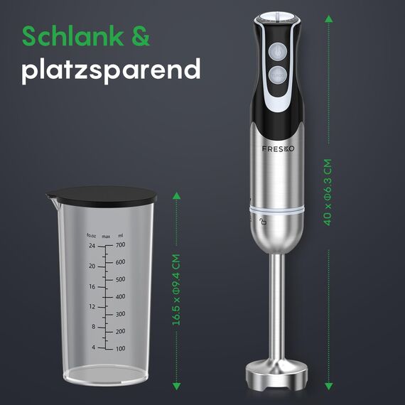 FRESKO Stabmixer, 1000W Edelstahl pürierstab mit 12 Geschwindigkeitsstufen, TURBO-Taste, 700ml Becher mit Deckel für die Zubereitung von Soße, Babynahrung und Suppe