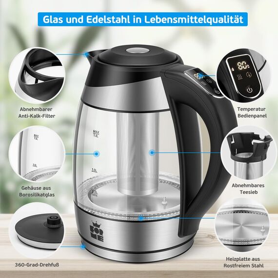 FOR ME Glas Elektrischer Wasserkocher mit Teesieb 1,8L, Temperatureinstellung, Temperaturwahl 40°C bis 100°C, 7 Farben LED-Beleuchtung, Warmhaltefunktion, BPA Frei