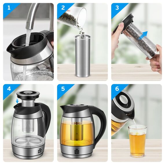FOR ME Glas Elektrischer Wasserkocher mit Teesieb 1,8L, Temperatureinstellung, Temperaturwahl 40°C bis 100°C, 7 Farben LED-Beleuchtung, Warmhaltefunktion, BPA Frei
