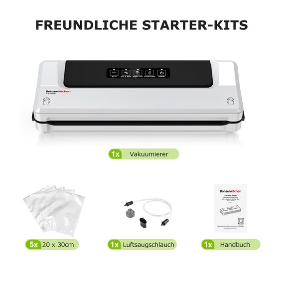 Bonsenkitchen Vakuumiergerät, Vakuumierer für kontinuierliches Arbeiten mit hoher Geschwindigkeit, Folienschweißgerät für Lebensmittel, inkl. 5 Vakuumier-Beutel und Schlauch (Weiß)
