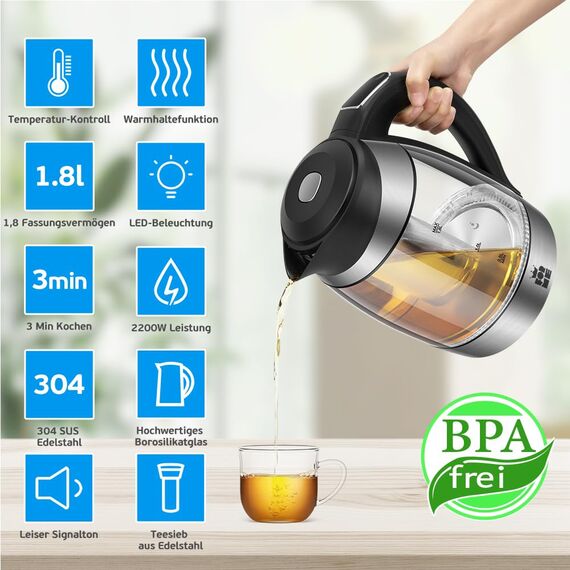 FOR ME Glas Elektrischer Wasserkocher mit Teesieb 1,8L, Temperatureinstellung, Temperaturwahl 40°C bis 100°C, 7 Farben LED-Beleuchtung, Warmhaltefunktion, BPA Frei