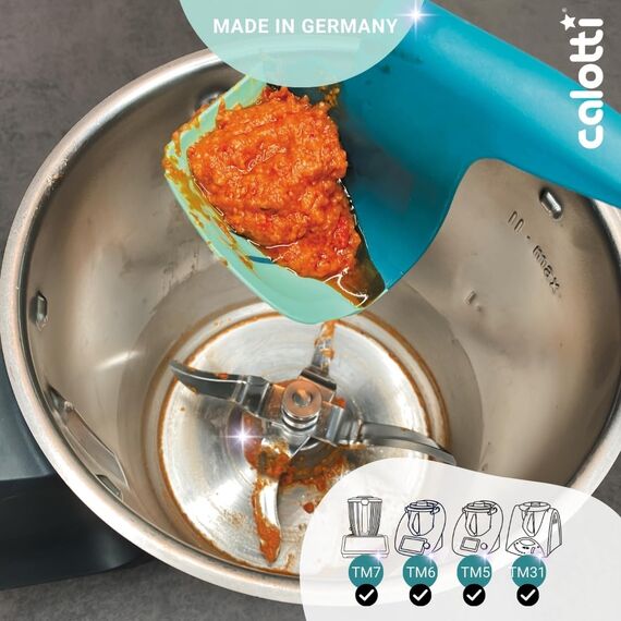 Calotti® Drehkellenspatel Silikon +, für Thermomix® TM7®,TM6®,TM5® und TM31®. Einfaches Aufnehmen von Mixgut dank flexibler Silikonflanke und patentierter Zentrierfunktion - Made in Germany