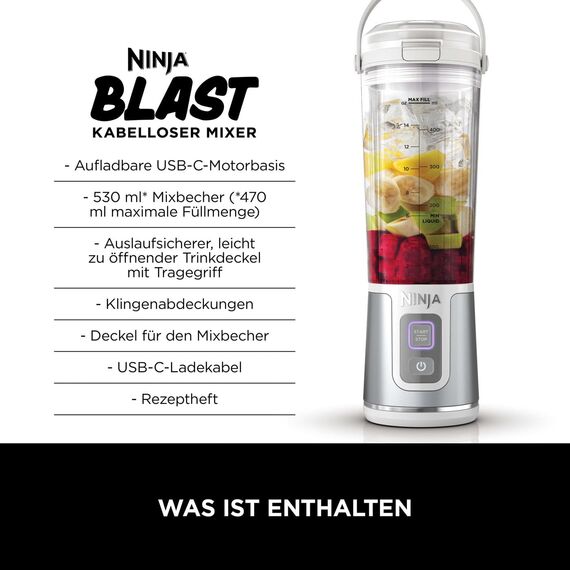 Ninja Blast Tragbarer Mixer / Blender / Smoothie Maker, 530ml Becher, Auslaufsicherer Deckel, Leistungsstarker Mini Standmixer, Kabellos & Wiederaufladbar, Zerkleinert Eis & Obst, Weiß, BC151EUWH