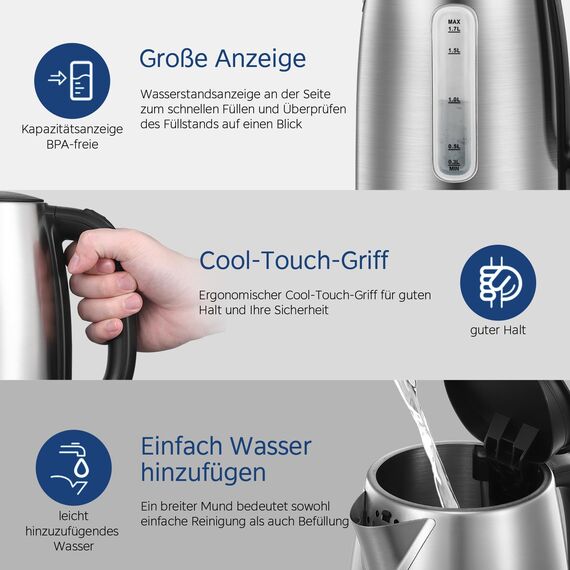 Midea Wasserkocher Edelstahl 1.7L, BPA-freier Wasserkocher, 2200W Schnellkochfunktion, Kettle mit Wasserstandsanzeige, LED-Leuchtanzeige, 360°-Basis, Trockenlaufschutz, MKE17M1ADS