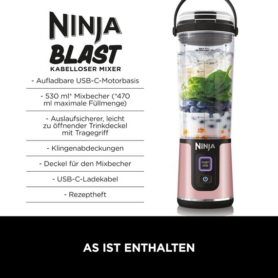 Ninja Blast Kabelloser Mini-Mixer, 530 ml, 2er-Pack, Auslaufsicherer Trinkdeckel, Wiederaufladbar, Smoothies & Proteinshakes für Unterwegs, Mixt Eis & Gefrorenes Obst, Roségold & Silber, BC151UKEUGV