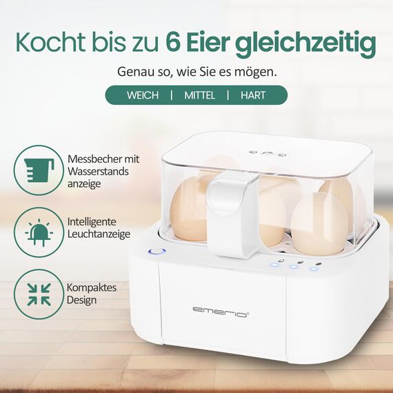 EMERIO ausgezeichnet einzigartiger Eierkocher kocht alle drei Garstufen [weich|mittel|hart] in nur einem Kochvorgang mit perfektem Ergebnis und multilingualer Sprachausgabe in DE EN FR ES IT PL