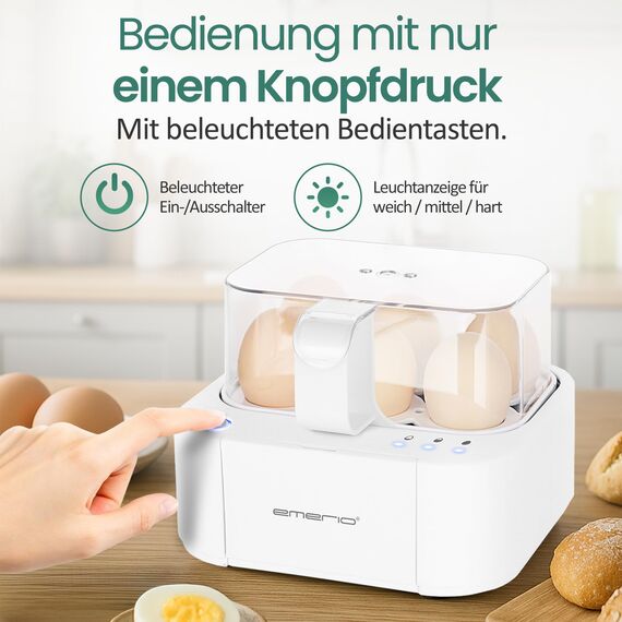 EMERIO ausgezeichnet einzigartiger Eierkocher kocht alle drei Garstufen [weich|mittel|hart] in nur einem Kochvorgang mit perfektem Ergebnis und multilingualer Sprachausgabe in DE EN FR ES IT PL