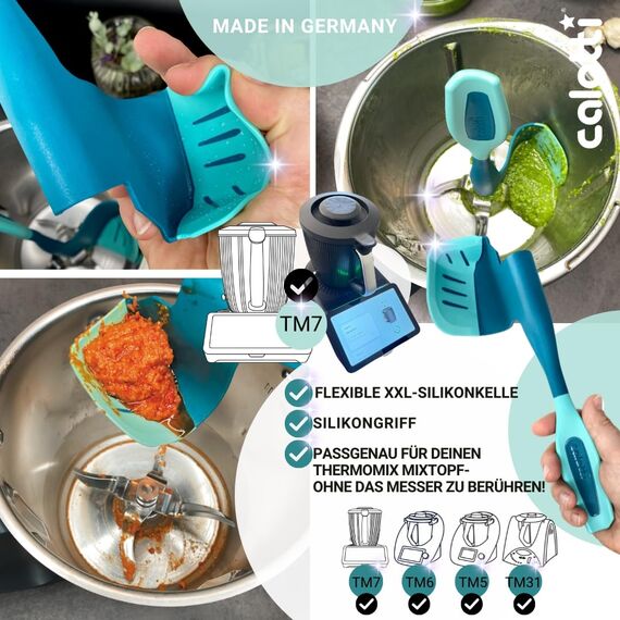 Calotti® Drehkellenspatel Silikon +, für Thermomix® TM7®,TM6®,TM5® und TM31®. Einfaches Aufnehmen von Mixgut dank flexibler Silikonflanke und patentierter Zentrierfunktion - Made in Germany