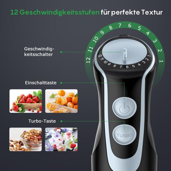 FRESKO Stabmixer, 1000W Edelstahl pürierstab mit 12 Geschwindigkeitsstufen, TURBO-Taste, 700ml Becher mit Deckel für die Zubereitung von Soße, Babynahrung und Suppe