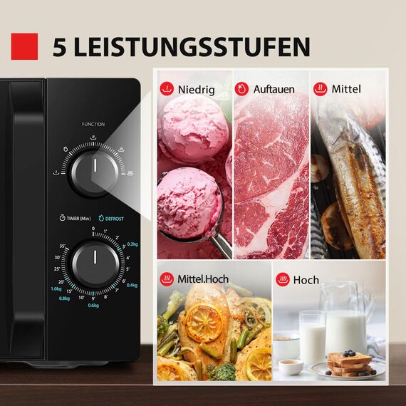 Toshiba MW2-MM20PF(BK) Mikrowelle/Solo-Mikrowelle / 20L / 800W / 5 Leistungsstufen mit praktischer Auftaufunktion/LED-Beleuchtung im Innenraum/Schwarz