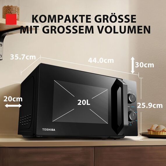 Toshiba MW2-MM20PF(BK) Mikrowelle/Solo-Mikrowelle / 20L / 800W / 5 Leistungsstufen mit praktischer Auftaufunktion/LED-Beleuchtung im Innenraum/Schwarz