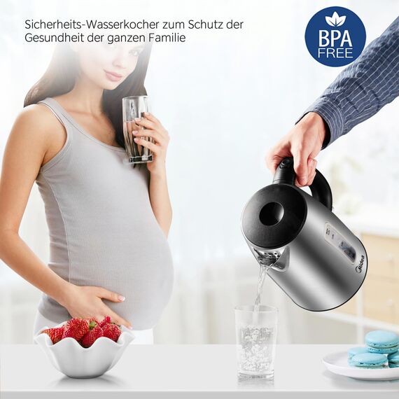 Midea Wasserkocher Edelstahl 1.7L, BPA-freier Wasserkocher, 2200W Schnellkochfunktion, Kettle mit Wasserstandsanzeige, LED-Leuchtanzeige, 360°-Basis, Trockenlaufschutz, MKE17M1ADS