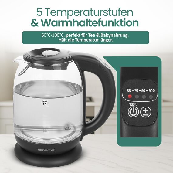 EMERIO Wasserkocher | TESTSIEGER Haus & Garten Test 02/2019 | aus hochwertigem Borosilikatglas | mit Temperaturwahl (60-70-80-90-100°C) | AutoOff & Trockengehschutz & Warmhaltung | 2200W | WK-119255.5