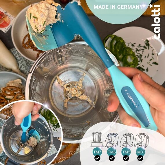 Calotti® Drehkellenspatel Silikon +, für Thermomix® TM7®,TM6®,TM5® und TM31®. Einfaches Aufnehmen von Mixgut dank flexibler Silikonflanke und patentierter Zentrierfunktion - Made in Germany