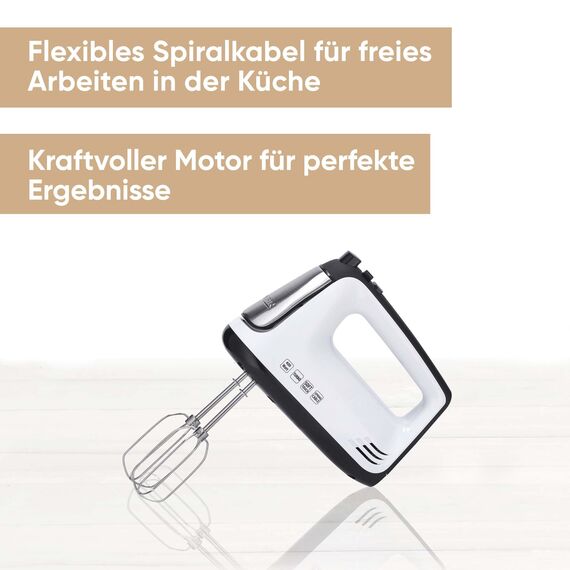 SEVERIN Handmixer, Handrührgerät mit 5 Geschwindigkeitsstufen, praktischer Handrührer mit 2 Edelstahl-Rührbesen und -Knethaken, 400 W, weiß-schwarz / Edelstahl, HM 3830