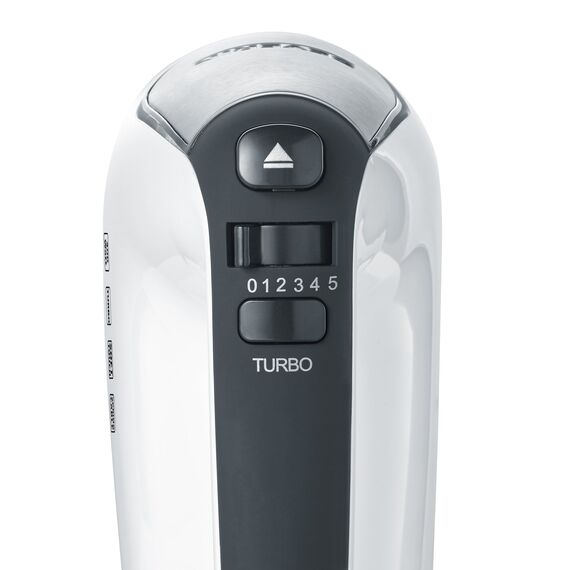SEVERIN Handmixer, Handrührgerät mit 5 Geschwindigkeitsstufen, praktischer Handrührer mit 2 Edelstahl-Rührbesen und -Knethaken, 400 W, weiß-schwarz / Edelstahl, HM 3830
