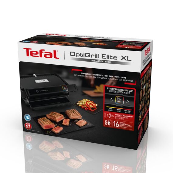 Tefal OptiGrill Elite XL Kontaktgrill, automatische Garzeitanpassung, perfekte Ergebnisse, 16 Programme, digitales Display mit Garstufenanzeige, abnehmbare XL-Platten, Elektrogrill, schwarz, GC760812