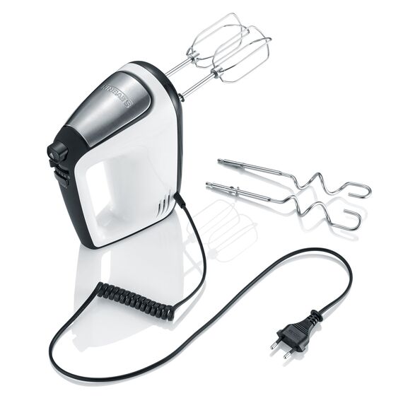SEVERIN Handmixer, Handrührgerät mit 5 Geschwindigkeitsstufen, praktischer Handrührer mit 2 Edelstahl-Rührbesen und -Knethaken, 400 W, weiß-schwarz / Edelstahl, HM 3830