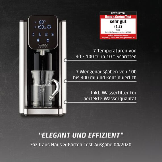 CASO HW 660 Heißwasserspender - heißes Wasser in wenigen Sekunden, spart bis zu 50% Energie gegenüber Wasserkochern, 8 Mengenausgaben, für Babynahrung geeignet, Integrierte Entkalkungserinnerung
