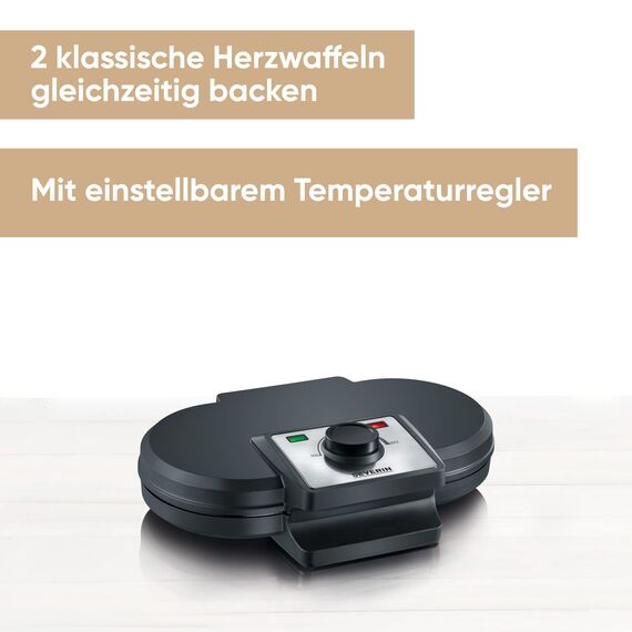 SEVERIN Duo-Waffeleisen, antihaftbeschichtetes Doppelwaffeleisen für zwei klassische Herzwaffeln, Herzwaffeleisen im Slim-Design, ca. 1.200 W Leistung, schwarz, WA 2106