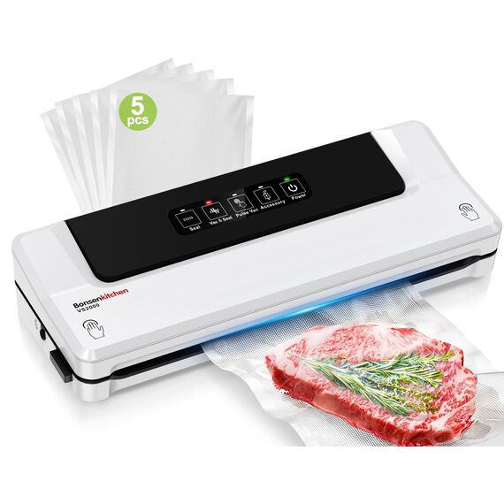 Bonsenkitchen Vakuumiergerät, Vakuumierer für kontinuierliches Arbeiten mit hoher Geschwindigkeit, Folienschweißgerät für Lebensmittel, inkl. 5 Vakuumier-Beutel und Schlauch (Weiß)