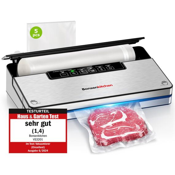 Bonsenkitchen Vakuumierer, Stark Vakuumiergerät mit 5 Modi, 8 L/Min, Globefish-Technologie für Kontinuierliches Arbeiten mit Hoher Geschwindigkeit, Enthält 5 Vakuumbeutel und 1 Rollbeutel