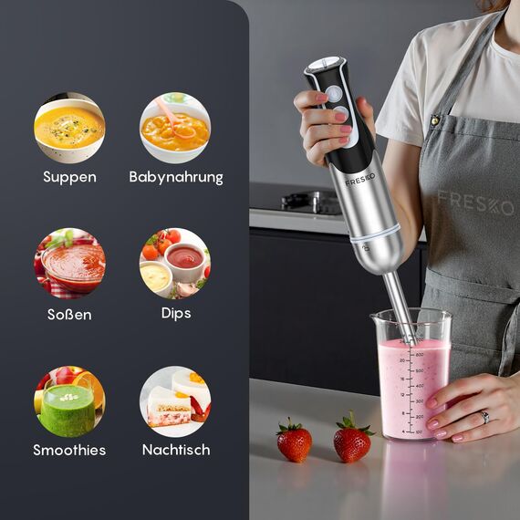 FRESKO Stabmixer, 1000W Edelstahl pürierstab mit 12 Geschwindigkeitsstufen, TURBO-Taste, 700ml Becher mit Deckel für die Zubereitung von Soße, Babynahrung und Suppe