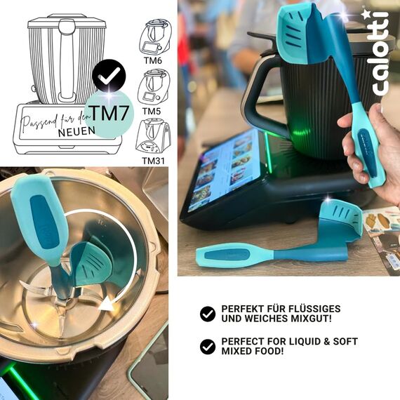 Calotti® Drehkellenspatel Silikon +, für Thermomix® TM7®,TM6®,TM5® und TM31®. Einfaches Aufnehmen von Mixgut dank flexibler Silikonflanke und patentierter Zentrierfunktion - Made in Germany
